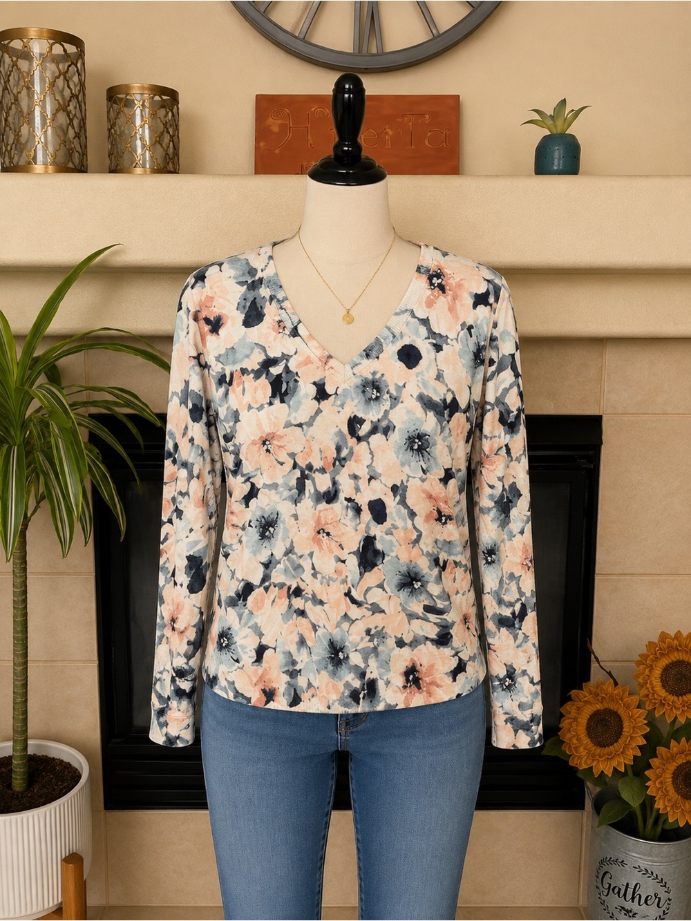 Carmen Marc Valvo Floral V-Neck Sweater in Blush, Navy & Cream